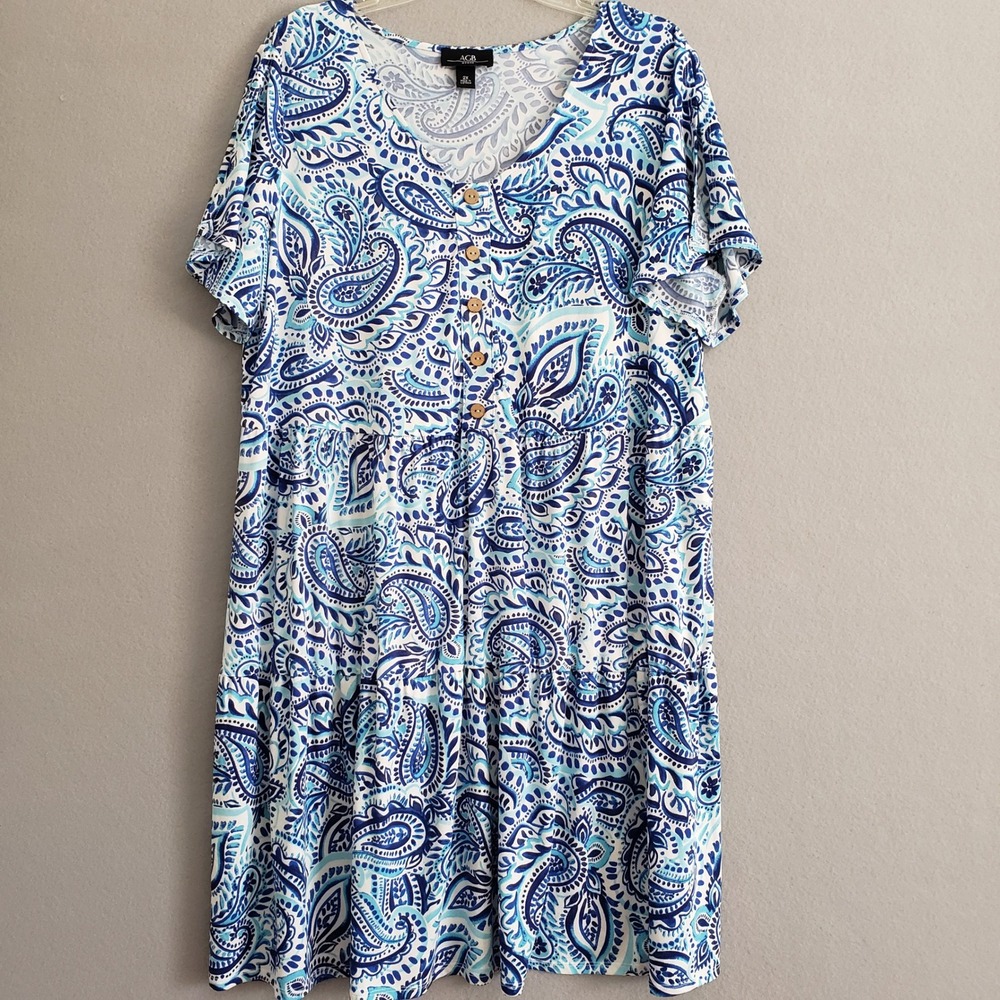 AGB Woman 2X Tunic Dress Blue Paisley Tiered Short Sleeve V-Neck Boho 3054904